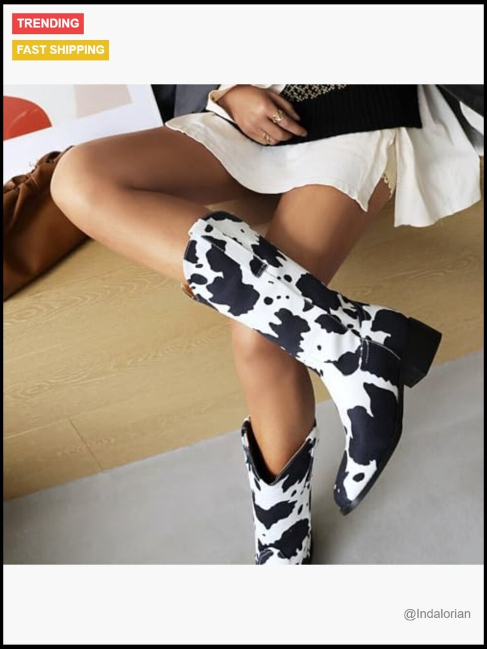 Synthetic Cow Print Mid Calf Cowboy Boots Chunky Heel Plus Size - Picture 6 of 7